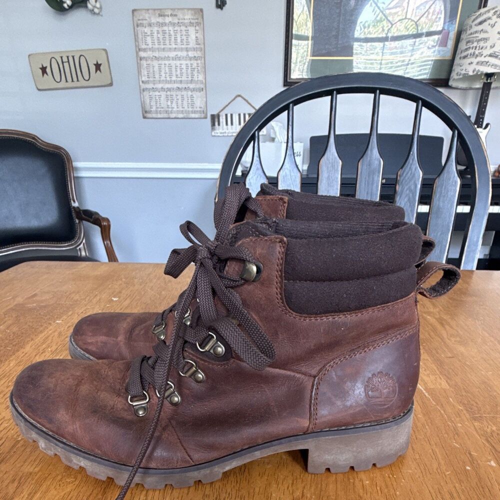 Timberland Women’s 8 Brown Leather Lace-Up Ankle Hiker Boots A1R3D A7019
